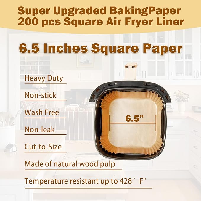 200 Pcs 6.5" Air Fryer Liner,Square Baking Parchment Airfryer Paper Unbleached Disposable Non-stick