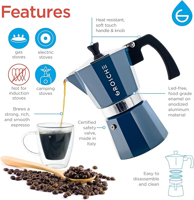 GROSCHE Milano Stovetop Espresso Maker Moka Pot 3 espresso Cup - 5 oz, Blue -Moka Espresso Coffee