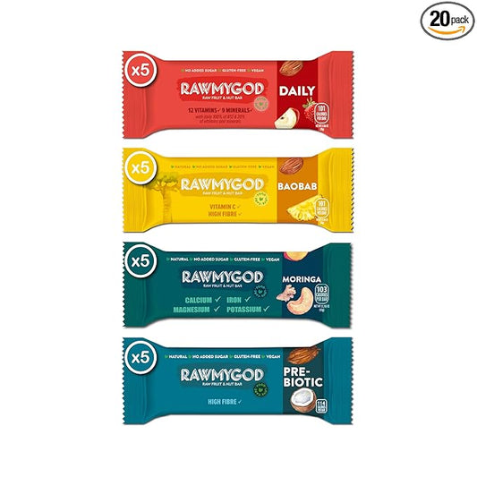 RAWMYGOD Fruit and Nut Bars, Gluten Free, Vegan, No Added Sugar (20 bars, Vitality Pack - 5