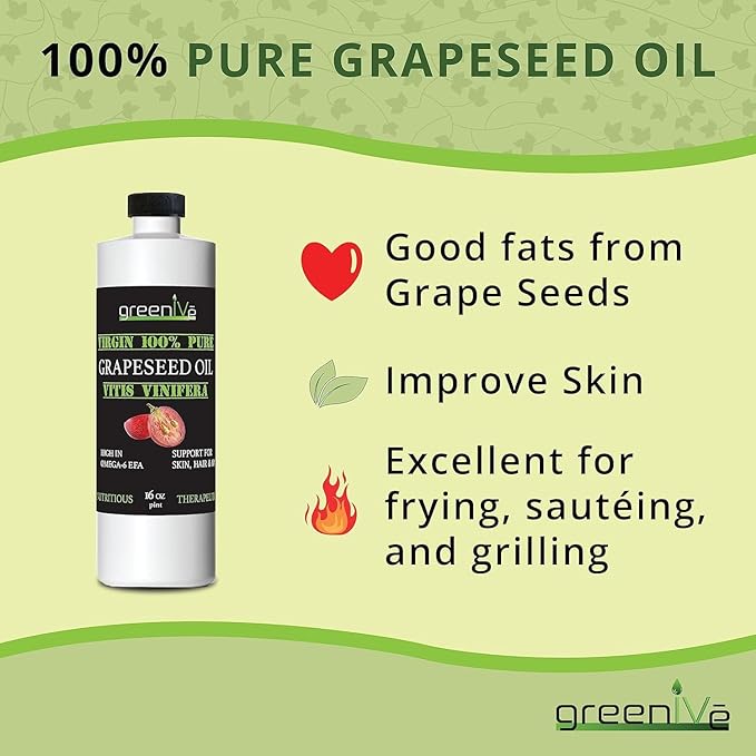 GreenIVe Grapeseed Oil Organically Grown 100% Pure Cold Pressed Light Flavor High Tempurature