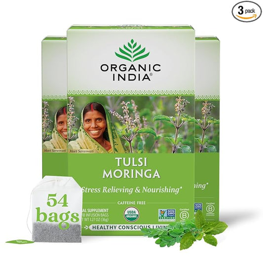 ORGANIC INDIA Tulsi Moringa Tea Bags- Holy Basil, Lemongrass, Moringa Leaves, Calming Immune