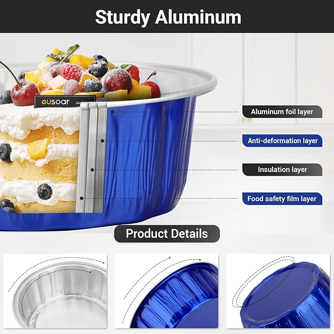 EUSOAR Aluminum Pans with Lids, 50pcs 9oz Dark Blue Disposable Ramekins with Lids, Cake Transport