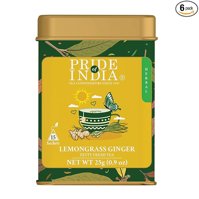 Pride of India | PACK of 6 - Lemongrass Ginger Zesty Fresh Tea | 15 Pyramid Full Leaf Individually