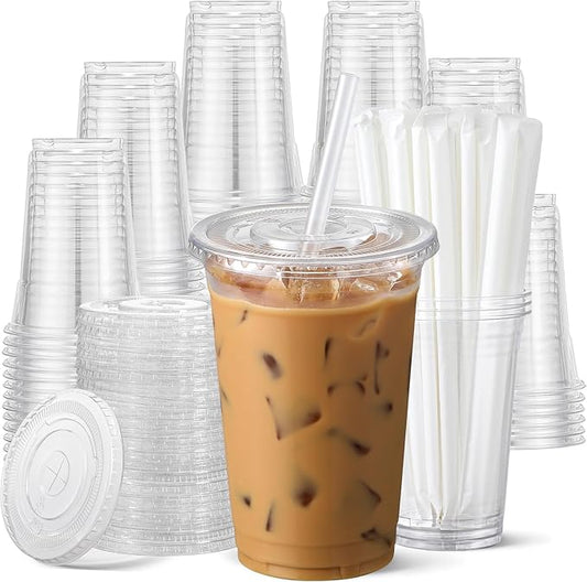AOZITA 100 Pack 24 oz Disposable Plastic Cups with Lids and Straws, Clear Iced Coffee Cups for Cold