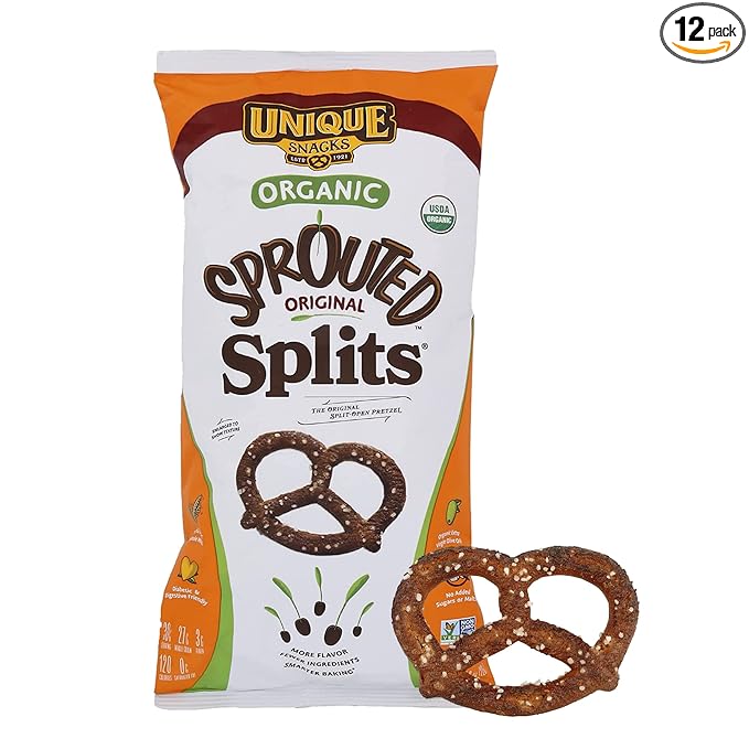 Unique Snacks Sprouted Splits Pretzels, Sprouted Pretzels, Delicious Homestyle Baked Snack Bag, OU
