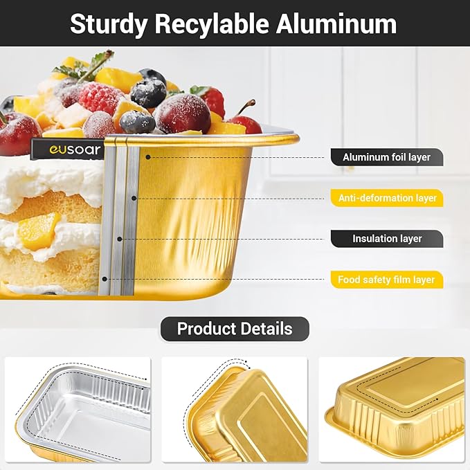 EUSOAR Creme Brulee Ramekins Disposable, Gold 20oz 50pcs Aluminum Foil Mini Cake Bread Pans, Muffin