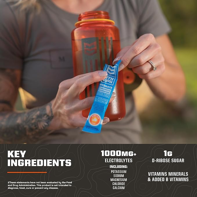 MTN OPS Hydrate Electrolytes Powder Drink Mix, 20 Single Serving On-The-Go Electrolyte Packs with