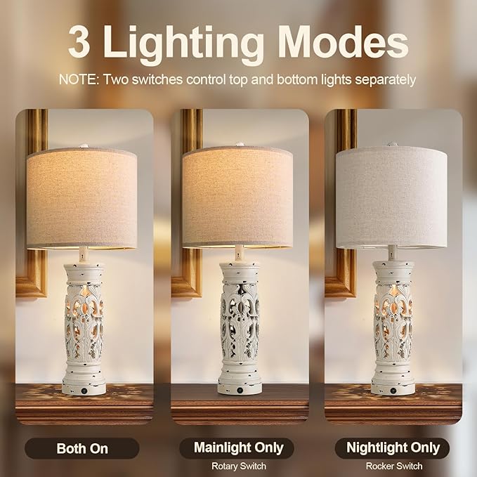 BOBOMOMO 27.25” Farmhouse Table Lamps Set of 2 – Antique White Bedside Lamps with Night Light & USB