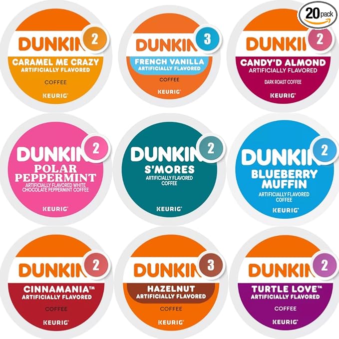 Dunkin’ Flavored Coffee Variety Pack – 20 Count K-Cup Pods Sampler for K-Cup Brewers – Includes