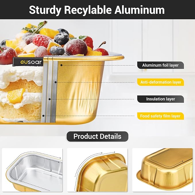 EUSOAR Disposable Ramekins with Lids, Gold 20.9oz 50pcs Mini Cake Pans with Lids，Disposable Bread