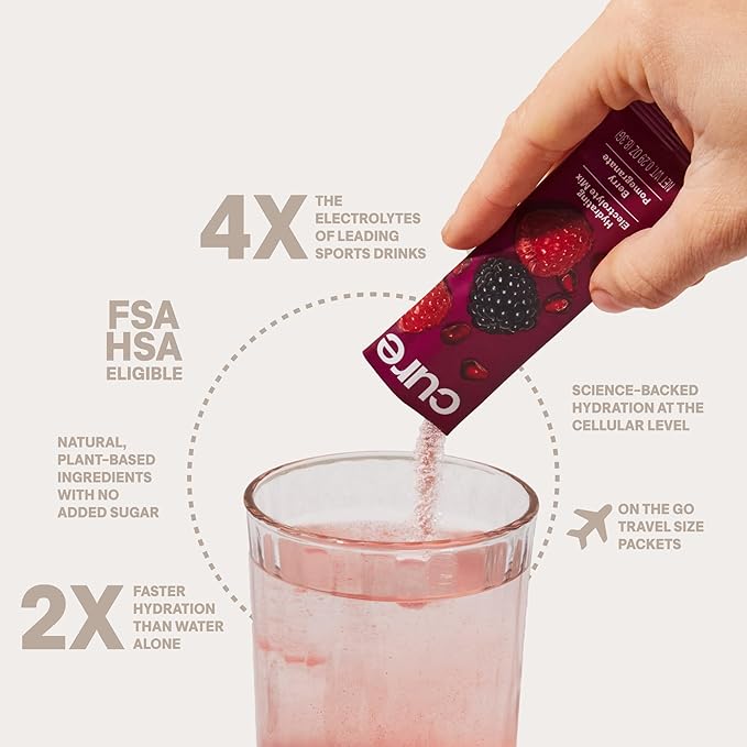 Cure Hydration | Plant-Based Electrolyte Drink Mix | No Added Sugar | FSA-HSA | Dehydration Relief