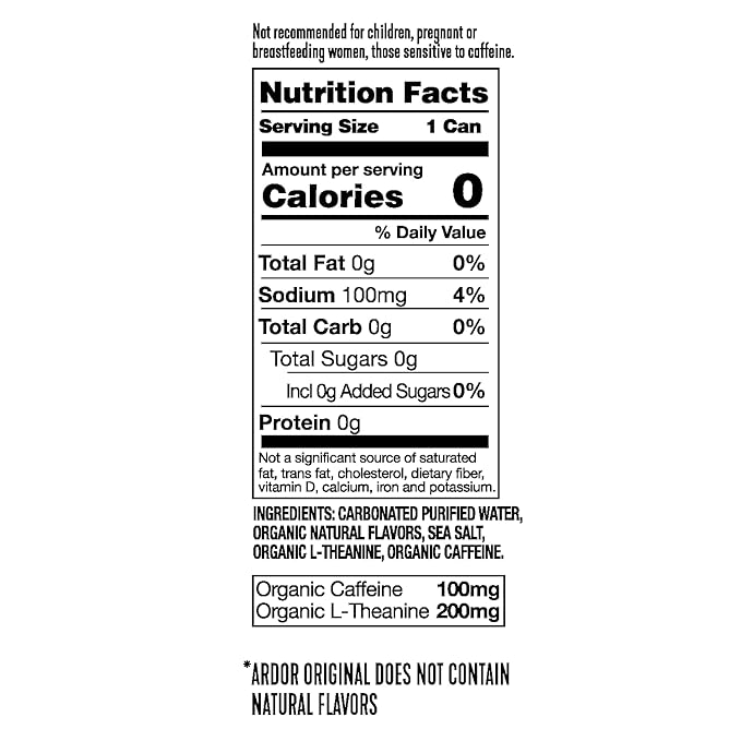 ARDOR ENERGY Sparkling Water with 100mg Natural Caffeine & 200mg L-Theanine from Organic Green Tea