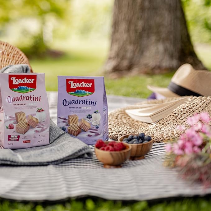 Loacker Quadratini Blueberry Yogurt Wafer Cookies LARGE - 30% Less Sugar - Premium Crispy Bite Size