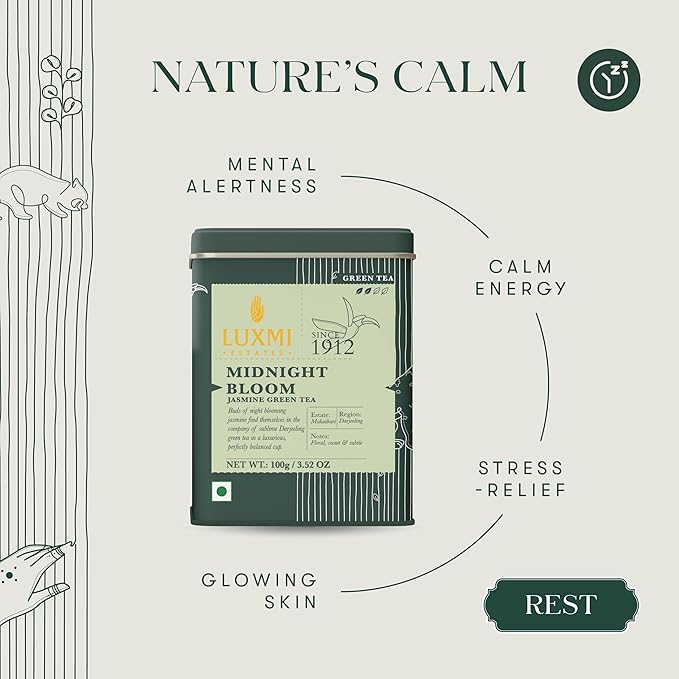 Luxmi Estates, Midnight Bloom, Organic Jasmine Tea (Loose Leaf 100g) Jasmine and Darjeeling Green