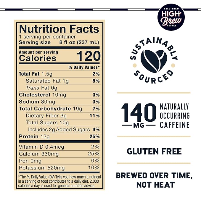 High Brew Coffee, Cold Brew Coffee, Creamy Cappucino, Plus 12g Protein, 8 Fl Oz, Ready-To-Drink