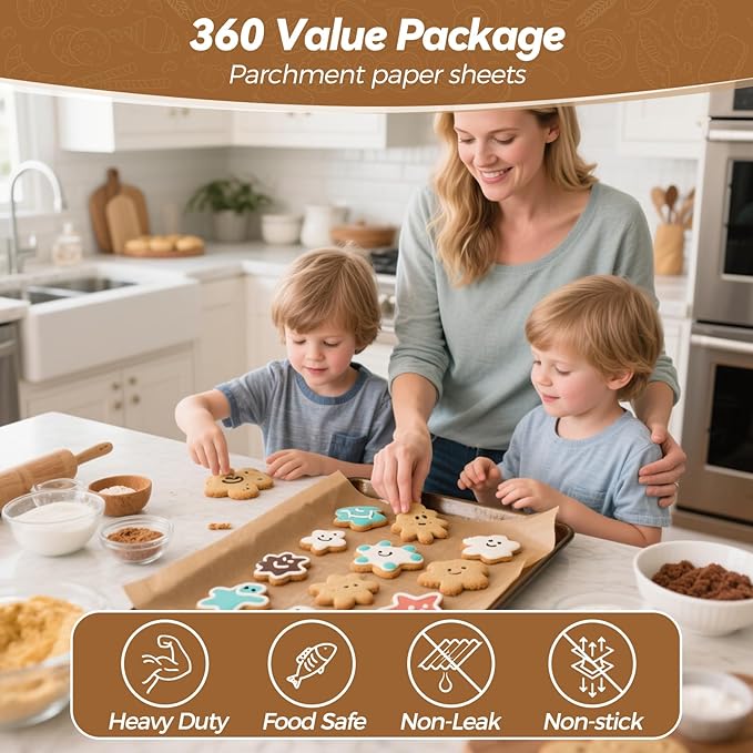 360 Count 12"x 16" Heavy Duty Parchment Paper Sheets for Baking, No-Stick & No-Leak Unbleached