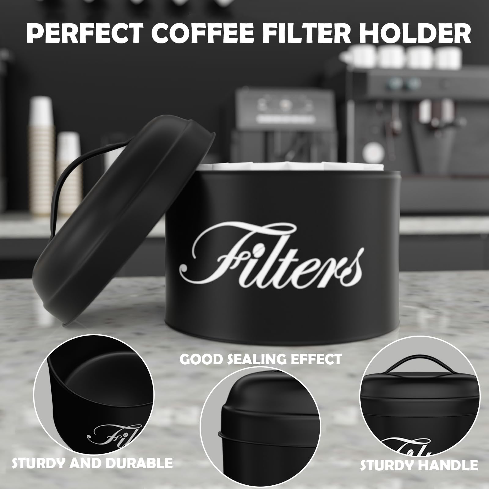 Black Basket Coffee Filter Holder With Lid - Round Container for Counter Storage - Rustic Farmhouse