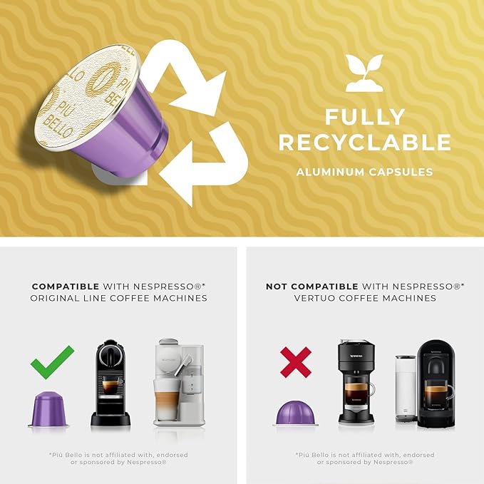 Piu Bello Coffee Pods - Nespresso Machine (Original) Compatible Capsules Pack - Rich & Balanced
