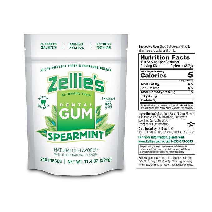Zellie's | 100% Xylitol Spearmint Chewing Gum | No Aspartame, Gluten Free, Vegan & Kosher (240