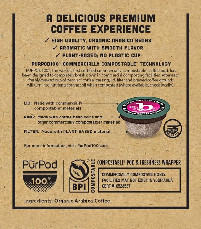beaniac Organic Bean Me Up Coffeehouse Blend, Medium Roast, Single Serve Compostable K Cup Coffee