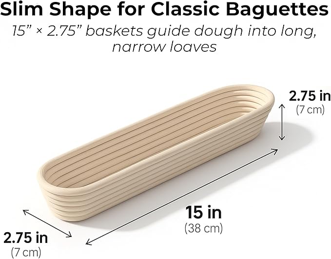 15 Inch Baguette Proofing Basket Set of 2 with Cotton Liners & Baguette Recipe eBook- Handcrafted
