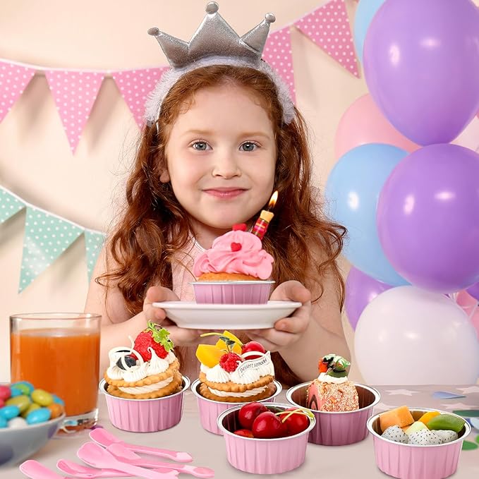 Hushee 600 Pcs Aluminum Foil Baking Cups with Lids and Spoons 5oz Disposable Ramekins Dessert