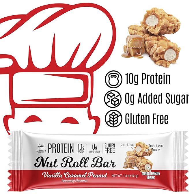 Genius Gourmet Nut Roll Bars Vanilla Caramel Peanut ??10g Protien, Zero Added Sugar, Gluten Free