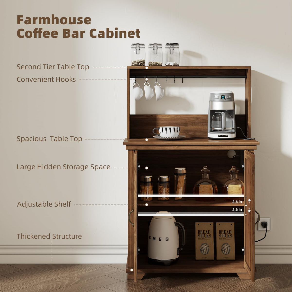 JOINICE Coffee Bar Cabinet with Storage and Charging Station,Walnut