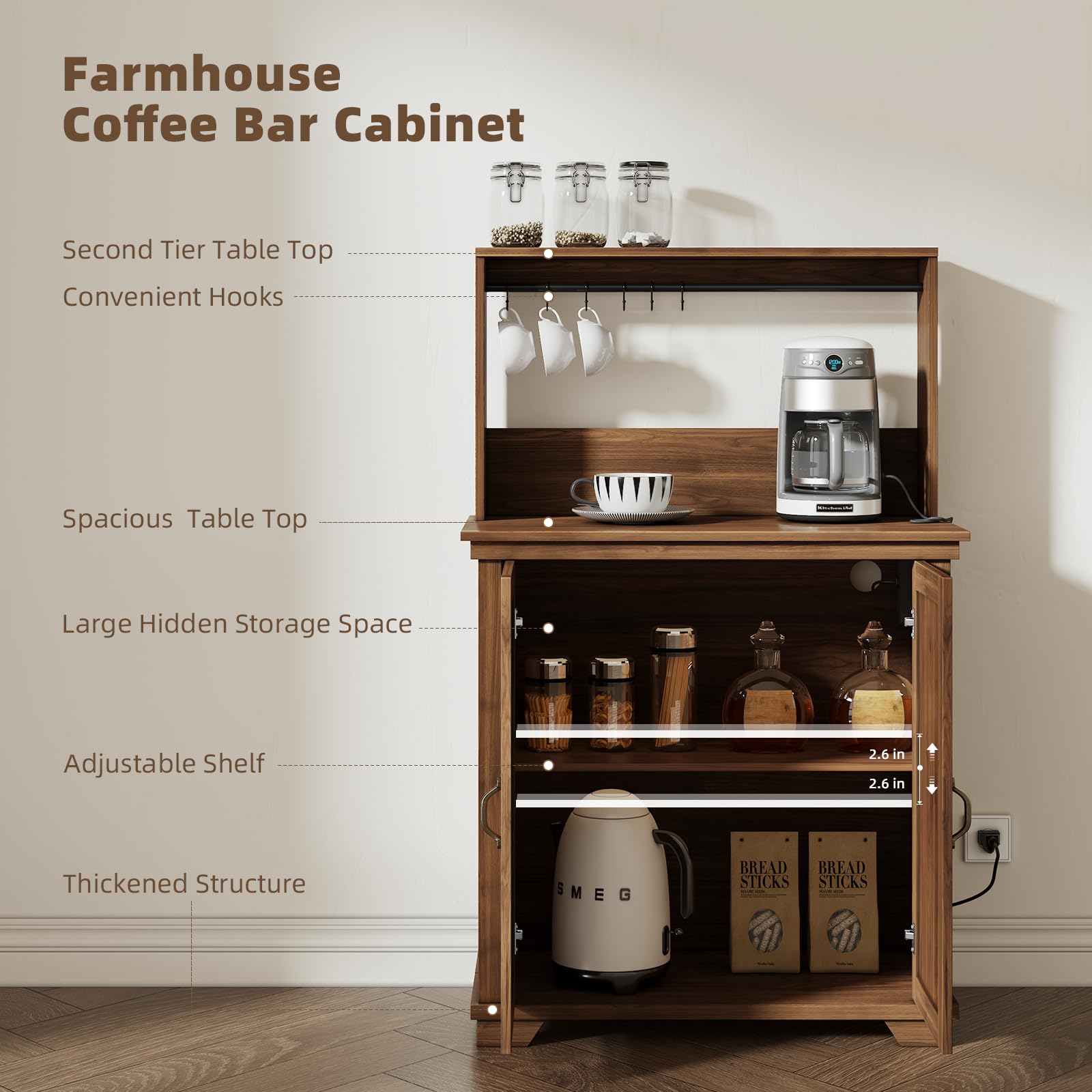 JOINICE Coffee Bar Cabinet with Storage and Charging Station,Walnut