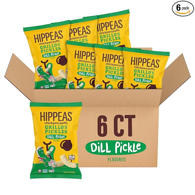 Hippeas Chickpea Puffs, Grillo's Dill Pickle, 3.75 Ounce (Pack of 6), 3g Protein, 2g Fiber, Vegan