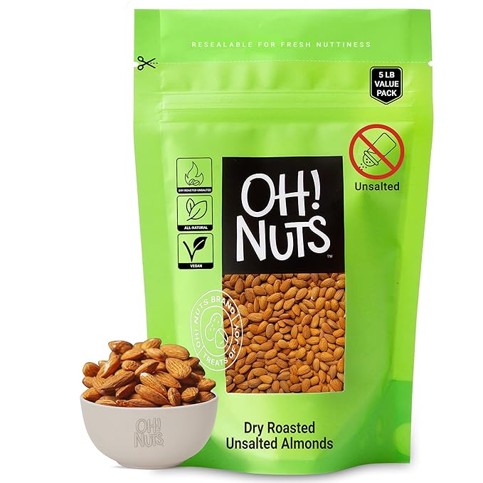 Oh! Nuts Almonds - Dry Roasted Unsalted Almonds - 5 lb - No Salt, No Oil All-Natural Protein