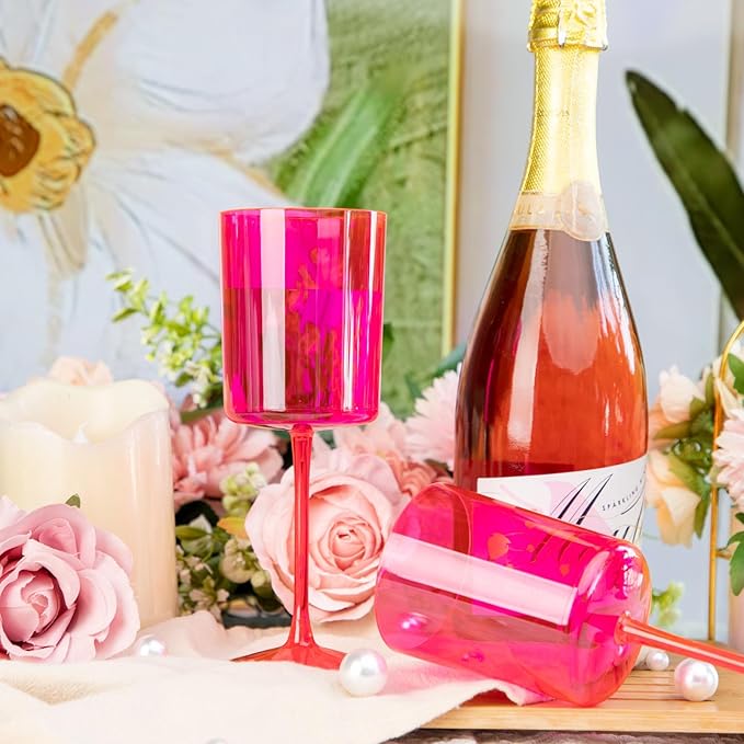 Ciaell 12 Pack Plastic Wine Glasses - 10Oz Hot Pink Plastic Wine Glasses With Stem - Disposable
