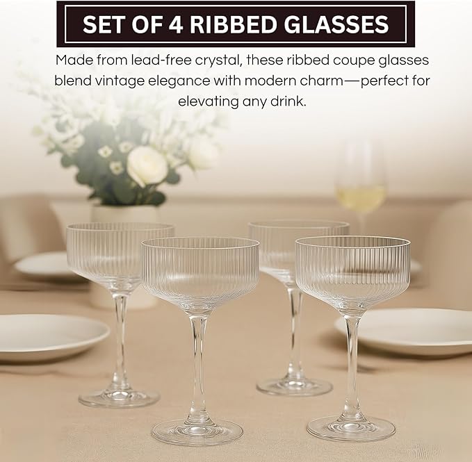 Vintage 4 Pcs Ribbed Coupe Glasses, 11 oz 100% Crystal Coupe Glass Set, Unique Martini Glass