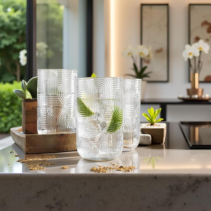 Glaver's Highball Glasses, 17 Ounce Embossed Designed Set of 4 Clear Kitchen Glassware For Home Bar