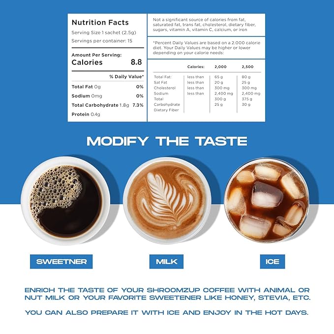 ShroomzUp Instant Mushroom Coffee 15 Pack - Cordyceps & Lion's Mane - Nootropic Mushroom Coffee for