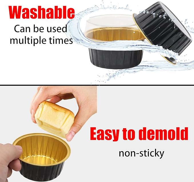 100 Pack 4.2oz Aluminum Cups with Lids Mini Flan Containers with Lids Cupcake Baking Cups, Black