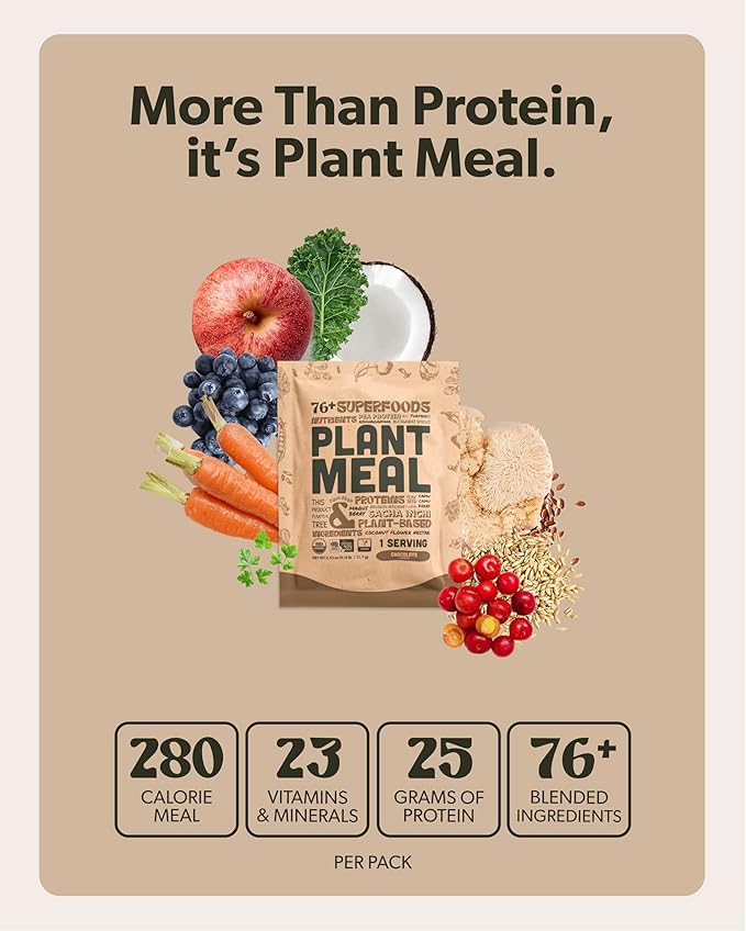 Plant Meal Replacement Shake - Chocolate - 25g of Plant Based Vegan Protein Powder, 76+ Organic