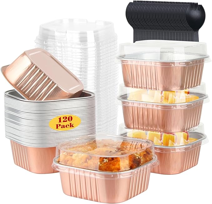 120pack 5oz Mini Cake Pans with Lids,LNYZQUS Foil Cupcake Cups Small Brownie Baking Tins,Square