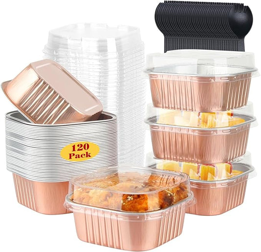 120pack 5oz Mini Cake Pans with Lids,LNYZQUS Foil Cupcake Cups Small Brownie Baking Tins,Square