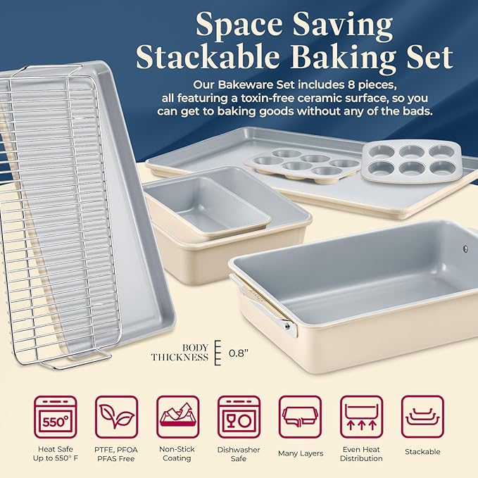 Bakken 8-Piece Stackable Bakeware Set - Ceramic Non-Stick Coating, Baking Sheets, Assorted Baking