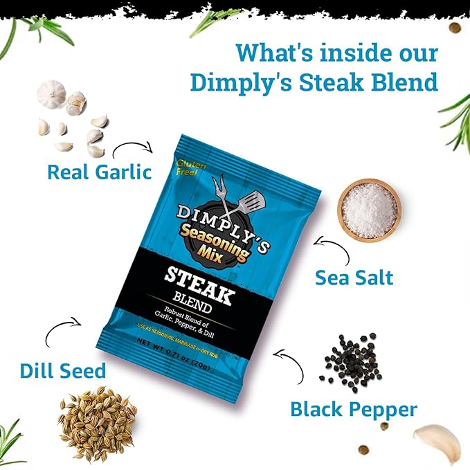 Dimply's Steak Seasoning Mix – 6 Pack, Single Serve Dry Rub and Marinade – Garlic Pepper Dill Blend
