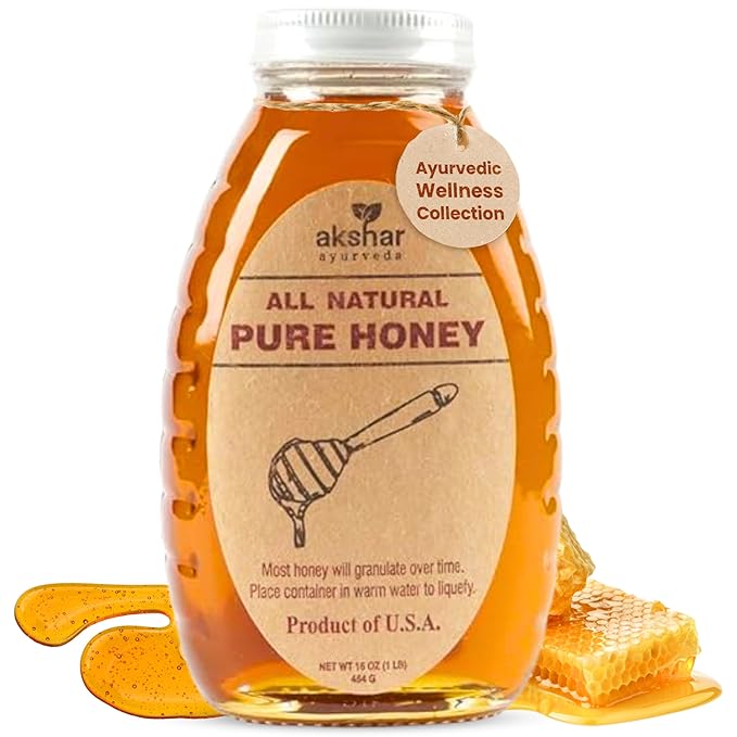 Akshar Ayurveda - 16 Oz Pure Honey (454 Grams) - All Natural USA Honey - Smooth & Easy to Pour