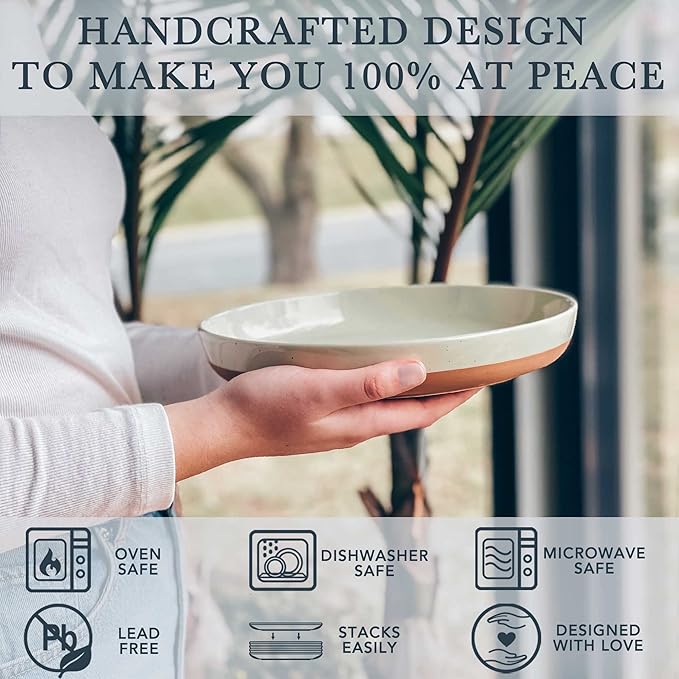 Mora Ceramic Flat Pasta Bowl Set of 4-35oz, Microwave Safe Plate with High Edge for Kitchen and
