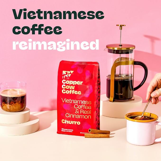 Copper Cow Premium Vietnamese Ground Coffee, 24 OZ | Churro Flavored Coffee | Dark Roast Made with