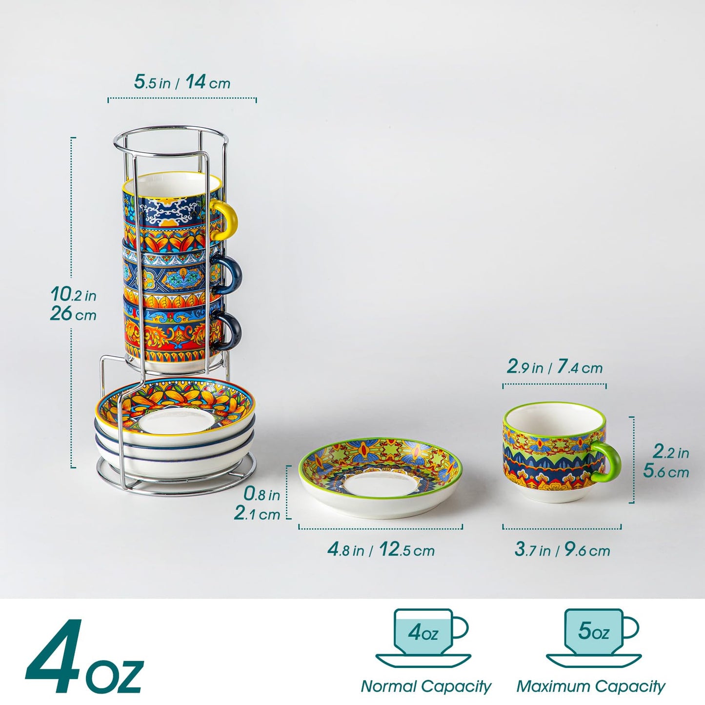 vancasso 4 Oz Bohemian Espresso Cups Set of 4 with Stand