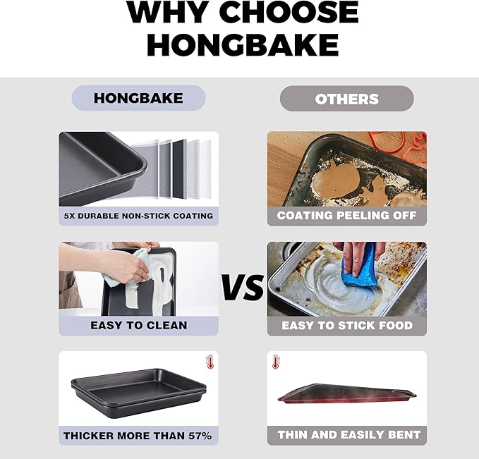 HONGBAKE 2 Pack 9.7X7.5" Toaster Oven Pans for Baking, 57% Thicker Nonstick 1/8 Cookie Sheet Pan