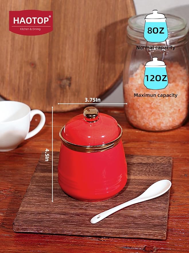 HAOTOP 12oz Sugar Bowl with Lid and Spoon,Simple Ceramic Sugar Jar Sugar Container Sugar Dispenser