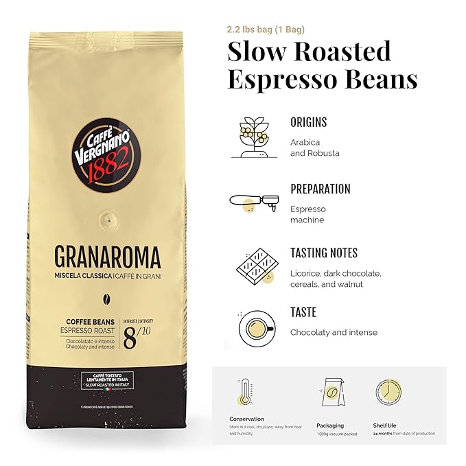 Caffe Vergnano 1882 Gran Aroma Whole Bean Arabica Medium Espresso Roast Coffee, 2.2lbs Bag