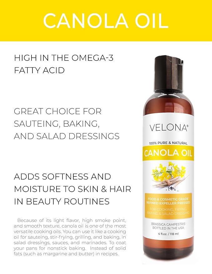 velona Canola Seed Oil 4 fl oz | 100% Pure and Natural Carrier Oil | Refined, Expeller pressed |