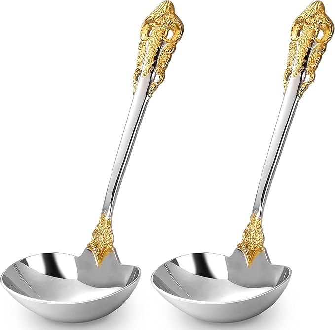 KEAWELL Luxury Gravy Ladle, 18/10 Stainless Steel, Gold Accent, Small Gravy Spoon for Home. Solid